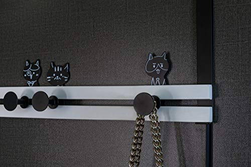 Creathome Over The Door Rail with 4 Peg Hooks, Lovely Cat Pattern, Black and White Style