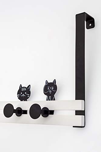 Creathome Over The Door Rail with 4 Peg Hooks, Lovely Cat Pattern, Black and White Style