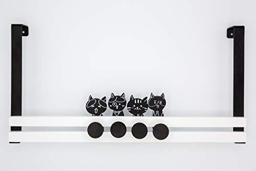 Creathome Over The Door Rail with 4 Peg Hooks, Lovely Cat Pattern, Black and White Style