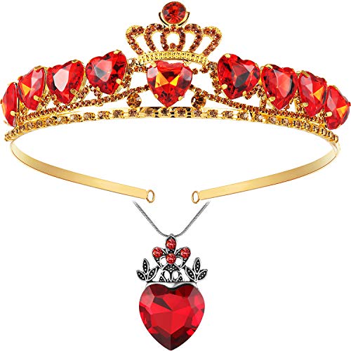 WILLBOND Red Heart Necklace and Crown Set Christmas Dress Up for Girls Red Heart Queen Necklace Red Heart Tiara Golden Crown for Birthday Party Present