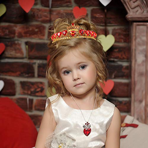 WILLBOND Red Heart Necklace and Crown Set Christmas Dress Up for Girls Red Heart Queen Necklace Red Heart Tiara Golden Crown for Birthday Party Present