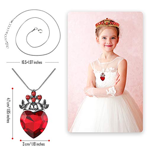 WILLBOND Red Heart Necklace and Crown Set Christmas Dress Up for Girls Red Heart Queen Necklace Red Heart Tiara Golden Crown for Birthday Party Present