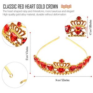 WILLBOND Red Heart Necklace and Crown Set Christmas Dress Up for Girls Red Heart Queen Necklace Red Heart Tiara Golden Crown for Birthday Party Present