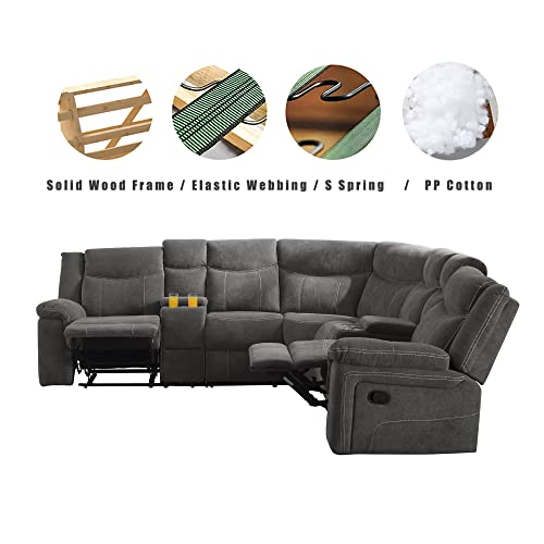 FREESNOOZE Manual Reclining Sectional Sofa Recliner Sofa with Cup Holder and Storage Console for Living Room Furniture(Fabric Grey)