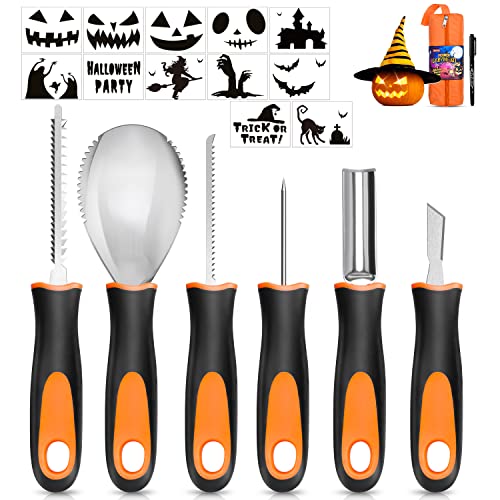 Halloween Pumpkin Carving Kit, 6 Pcs Pumpkin Carving Knife with 12 Stencils 1 Mark Pen 1 Storage Bag, Professional Pumpkin Carving Tools