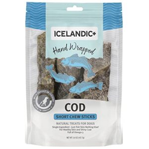 icelandic+ plus cod skin 5" short hand wrapped dog chew stick, 3-pack, 2.8-oz bag