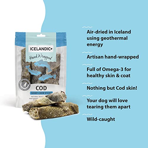 Icelandic+ Plus Cod Skin 5" Short Hand Wrapped Dog Chew Stick, 3-Pack, 2.8-oz Bag
