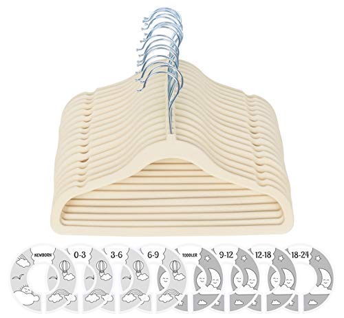 Lemonfilter 20 Pack Kids Velvet Hangers, Non-Slip Baby Clothes Hangers Space Saving Ultra Thin Toddler Children Hangers with 8 Pcs Baby Wardrobe Dividers(Beige)