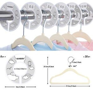 Lemonfilter 20 Pack Kids Velvet Hangers, Non-Slip Baby Clothes Hangers Space Saving Ultra Thin Toddler Children Hangers with 8 Pcs Baby Wardrobe Dividers(Beige)