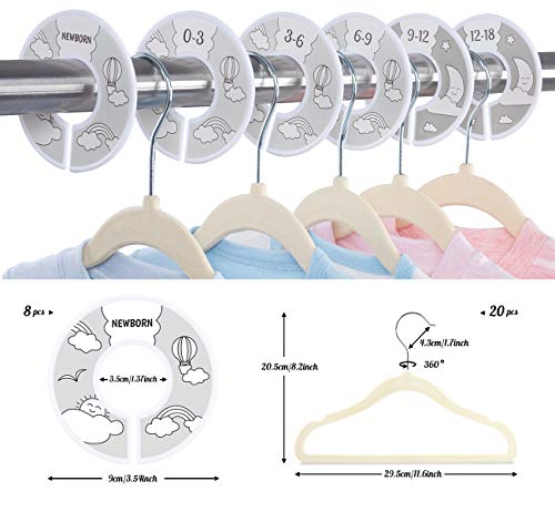 Lemonfilter 20 Pack Kids Velvet Hangers, Non-Slip Baby Clothes Hangers Space Saving Ultra Thin Toddler Children Hangers with 8 Pcs Baby Wardrobe Dividers(Beige)