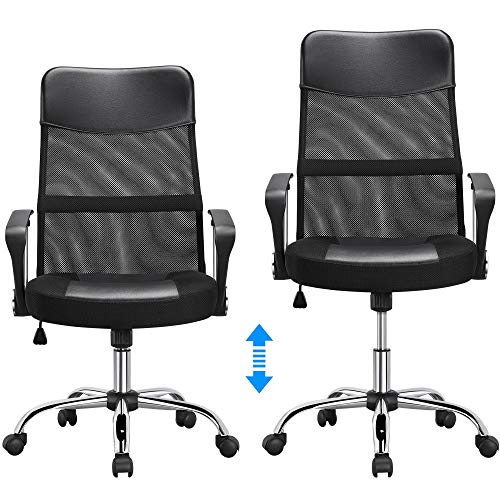 Yaheetech Home Office Desk Chair Ergonomic Rolling Chair Mesh Back Leather Seat Swivel Task Chair Executive Gaming Chair with Lumbar Support, Armrest, Black