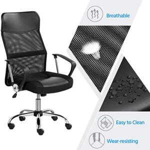 Yaheetech Home Office Desk Chair Ergonomic Rolling Chair Mesh Back Leather Seat Swivel Task Chair Executive Gaming Chair with Lumbar Support, Armrest, Black