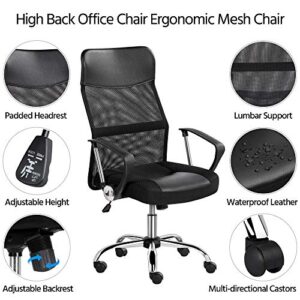 Yaheetech Home Office Desk Chair Ergonomic Rolling Chair Mesh Back Leather Seat Swivel Task Chair Executive Gaming Chair with Lumbar Support, Armrest, Black