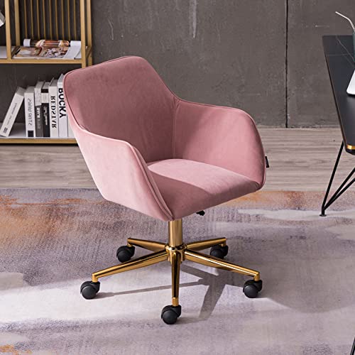 Goujxcy Desk Chair,Modern Velvet Fabric Office Chair,360° Swivel Height Adjustable Comfy Upholstered Leisure Arm Accent Chair (Pink)