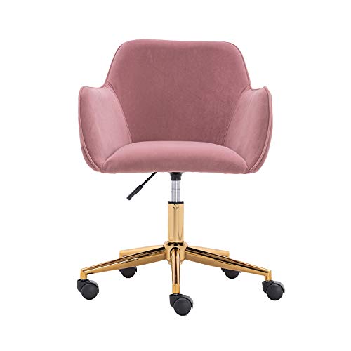 Goujxcy Desk Chair,Modern Velvet Fabric Office Chair,360° Swivel Height Adjustable Comfy Upholstered Leisure Arm Accent Chair (Pink)