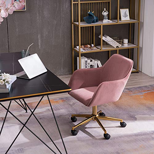 Goujxcy Desk Chair,Modern Velvet Fabric Office Chair,360° Swivel Height Adjustable Comfy Upholstered Leisure Arm Accent Chair (Pink)
