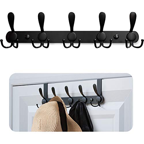 Metal Wall Mounted Coat Rack | 5 Tri-Hooks Hold Up to 50 LBS | On Door Towel Rack can be Installed in Minutes - All Setup Tools Included | For Bathroom, Living Room, Kitchen & Garage (Black)