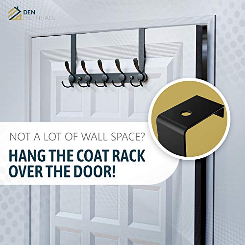 Metal Wall Mounted Coat Rack | 5 Tri-Hooks Hold Up to 50 LBS | On Door Towel Rack can be Installed in Minutes - All Setup Tools Included | For Bathroom, Living Room, Kitchen & Garage (Black)