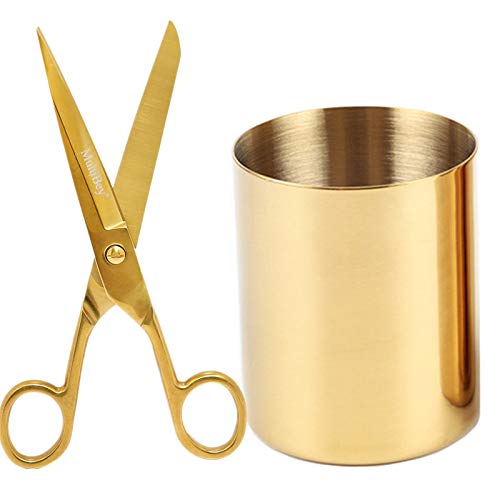 Multibey Gold Copper Scissors Pen Pencil Holder Set Fabric Craft Scissors Small Vase Yellow Gold Office Supplies Desk Accessories Organizer