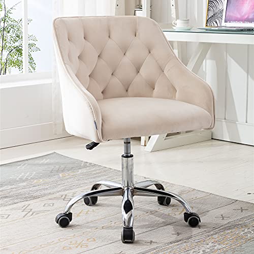 Goujxcy Desk Chair,Modern Velvet Fabric Office Chair,360° Swivel Height Adjustable Comfy Upholstered Tufted Accent Chair (Beige)