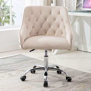 Goujxcy Desk Chair,Modern Velvet Fabric Office Chair,360° Swivel Height Adjustable Comfy Upholstered Tufted Accent Chair (Beige)