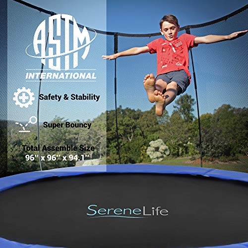 SereneLife ASTM Approved Trampoline with Net Enclosure – Stable, Strong Kids and Adult Trampoline with Net – Outdoor Trampoline for Kids, Teens and Adults – Reinforced Kids, Blue,