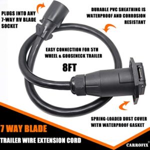 CARROFIX 7-Way Trailer Extension Cord Wire 8 FT 7-Blade Trailer Wiring Connector Socket for RV, Truck, Caravan, 5th Wheel or Gooseneck - Heavy Duty and Unique Waterproof Design