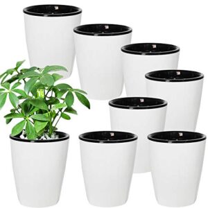 ojyudd 8 pack 4 inch self watering plastic planter with inner pot white flower plant pot,modern decorative flower pot for all house plants,flowers,herbs,african violets