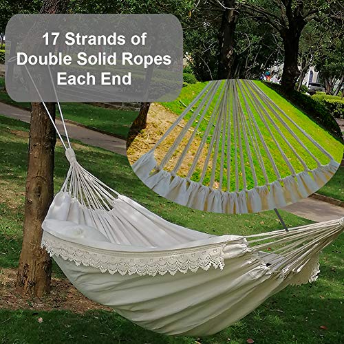 Brazilian Double Hammock, Boho Large Fringe Swing Bed - Portable 2 Person Hammock for Patio, Porch, Backyard, Outdoor and Indoor with Carrying Bag, Tree Hammock - Soft Cotton Fabric(White)