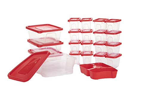 Mind Reader Meal Prep Food Storage Plastic Containers with Lids, Removable Compartment Sectionals Set of 20 (42 pcs, 51 cups total), Red