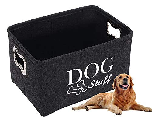 Brabtod Large Dog Toy Bin Dog Toy Storage Box Pet Toy Basket Collapsible Felt Open Storage Bin Cubes Organizer with Handles for Dog Leash Blanket Grooming Supplies -Dark Gray