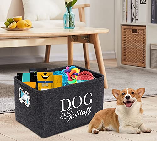 Brabtod Large Dog Toy Bin Dog Toy Storage Box Pet Toy Basket Collapsible Felt Open Storage Bin Cubes Organizer with Handles for Dog Leash Blanket Grooming Supplies -Dark Gray