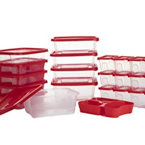 Mind Reader Meal Prep Food Storage Plastic Containers with Lids, Removable Compartment Sectionals Set of 22 (49 pcs, 98.5 cups total), Red