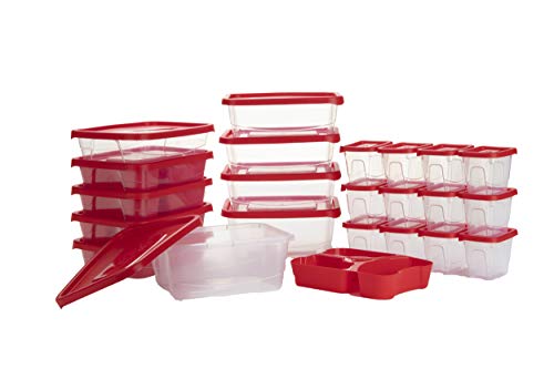 Mind Reader Meal Prep Food Storage Plastic Containers with Lids, Removable Compartment Sectionals Set of 22 (49 pcs, 98.5 cups total), Red