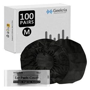 geekria 100 pairs individually wrapped disposable earphone covers, stretchable sanitary ear pads covers, hygienic ear cushion protector for medium-sized earpiece bulk pack (size m, black)