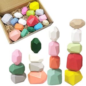 16pcs wooden balancing stacking stones rocks,, balancing wooden stacking blocks toys, preschool toys wooden stacking toys, wood stacking game building block toys enhances motor skills