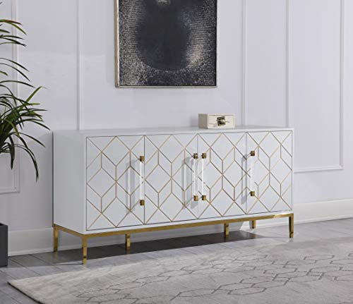 Best Master Furniture Thorne High Gloss Lacquer Sideboard/Buffet with Gold Trim, White