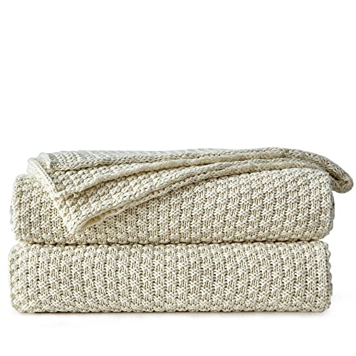 Longhui bedding Cream Knitted Throw Blanket for Couch, Soft, Cozy Machine Washable 100% Cotton Sofa Knit Blankets, Heavy 3.0lb Weight, 50 x 63 Inches, Beige Color