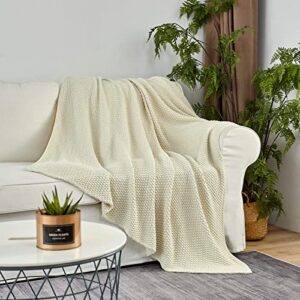 Longhui bedding Cream Knitted Throw Blanket for Couch, Soft, Cozy Machine Washable 100% Cotton Sofa Knit Blankets, Heavy 3.0lb Weight, 50 x 63 Inches, Beige Color