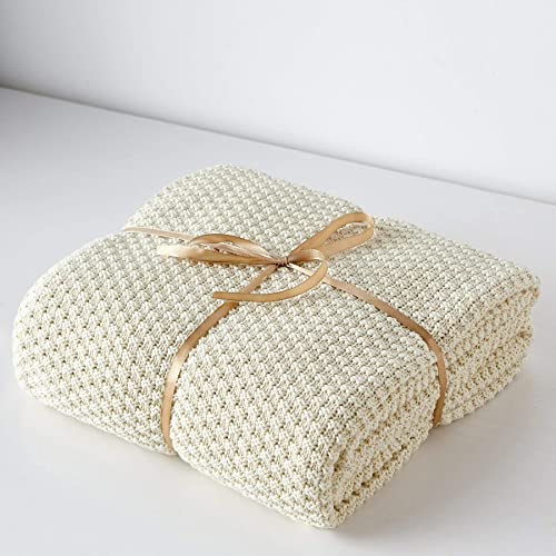 Longhui bedding Cream Knitted Throw Blanket for Couch, Soft, Cozy Machine Washable 100% Cotton Sofa Knit Blankets, Heavy 3.0lb Weight, 50 x 63 Inches, Beige Color