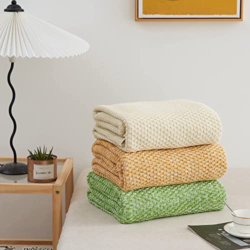 Longhui bedding Cream Knitted Throw Blanket for Couch, Soft, Cozy Machine Washable 100% Cotton Sofa Knit Blankets, Heavy 3.0lb Weight, 50 x 63 Inches, Beige Color