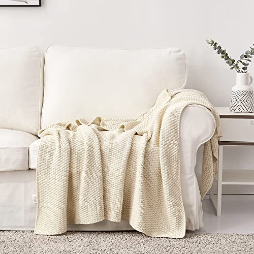 Longhui bedding Cream Knitted Throw Blanket for Couch, Soft, Cozy Machine Washable 100% Cotton Sofa Knit Blankets, Heavy 3.0lb Weight, 50 x 63 Inches, Beige Color