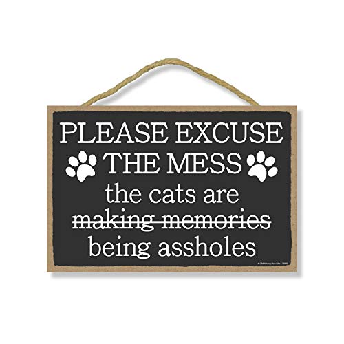 Honey Dew Gifts, Please Excuse the Mess, Funny Wooden Home Decor for Cat Pet Lovers, Hanging Decorative Wall Sign, 7 Inches by 10.5 Inches