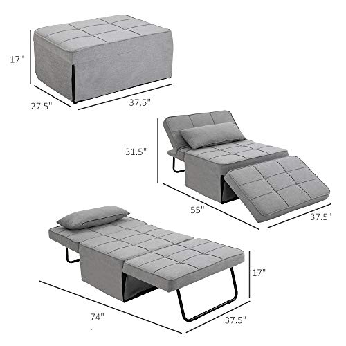 HOMCOM 4-in-1 Design Convertible Sofa Tea Table Lounge Chair Single Bed with 5-Level Adjustable Backrest, Footstool and Metal Frame for Living Room Bedroom, Grey