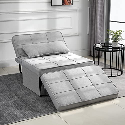 HOMCOM 4-in-1 Design Convertible Sofa Tea Table Lounge Chair Single Bed with 5-Level Adjustable Backrest, Footstool and Metal Frame for Living Room Bedroom, Grey