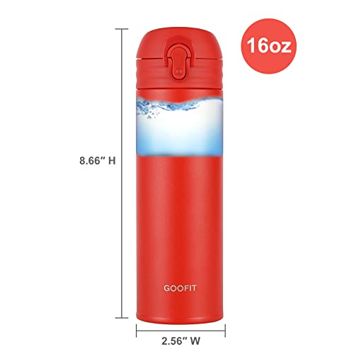 GOOFIT Water Bottle Double Wall Vacuum Insulated Thermos Beverage Coffee Bottle Stainless Steel Travel Mug Thermos Flask BPA Free Keeps Cold 24H Hot 24H 16 Oz Red