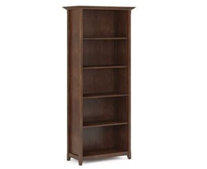 simplihome amherst solid wood 70 inch x 30 inch transitional 5 shelf bookcase in russet brown with 5 shelves, for the living room, study and office