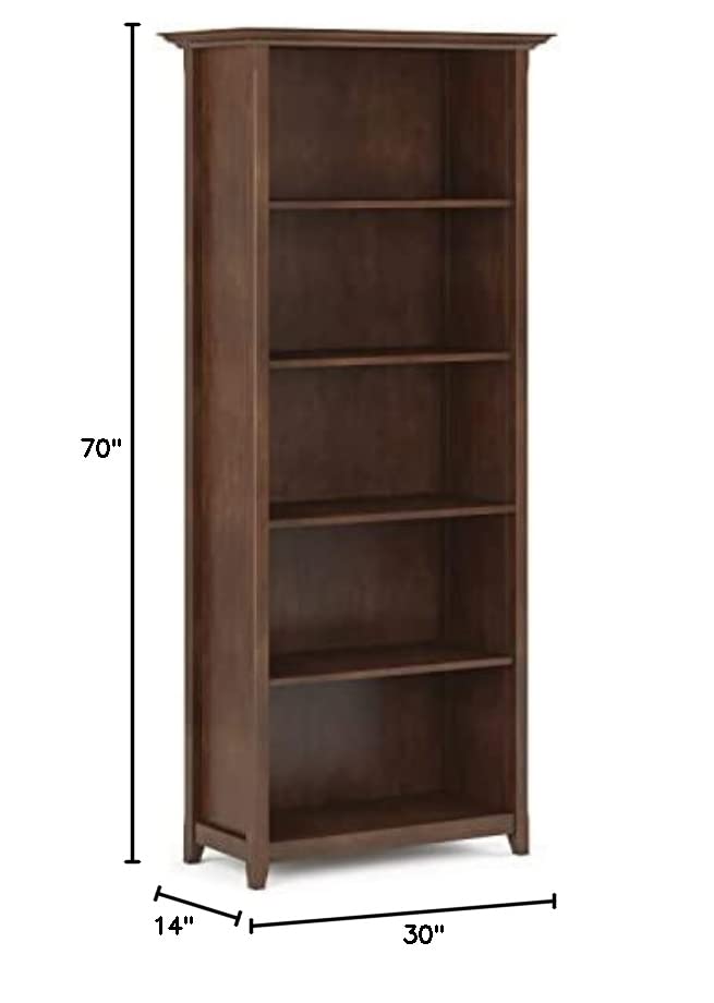 SIMPLIHOME Amherst SOLID WOOD 70 inch x 30 inch Transitional 5 Shelf Bookcase in Russet Brown with 5 Shelves, for the Living Room, Study and Office