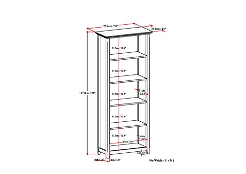 SIMPLIHOME Amherst SOLID WOOD 70 inch x 30 inch Transitional 5 Shelf Bookcase in Russet Brown with 5 Shelves, for the Living Room, Study and Office