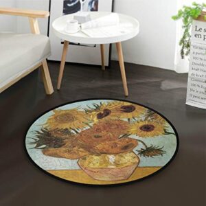 wellday round area rug van gogh sunflower art door mat washable non-slip throw floor carpet